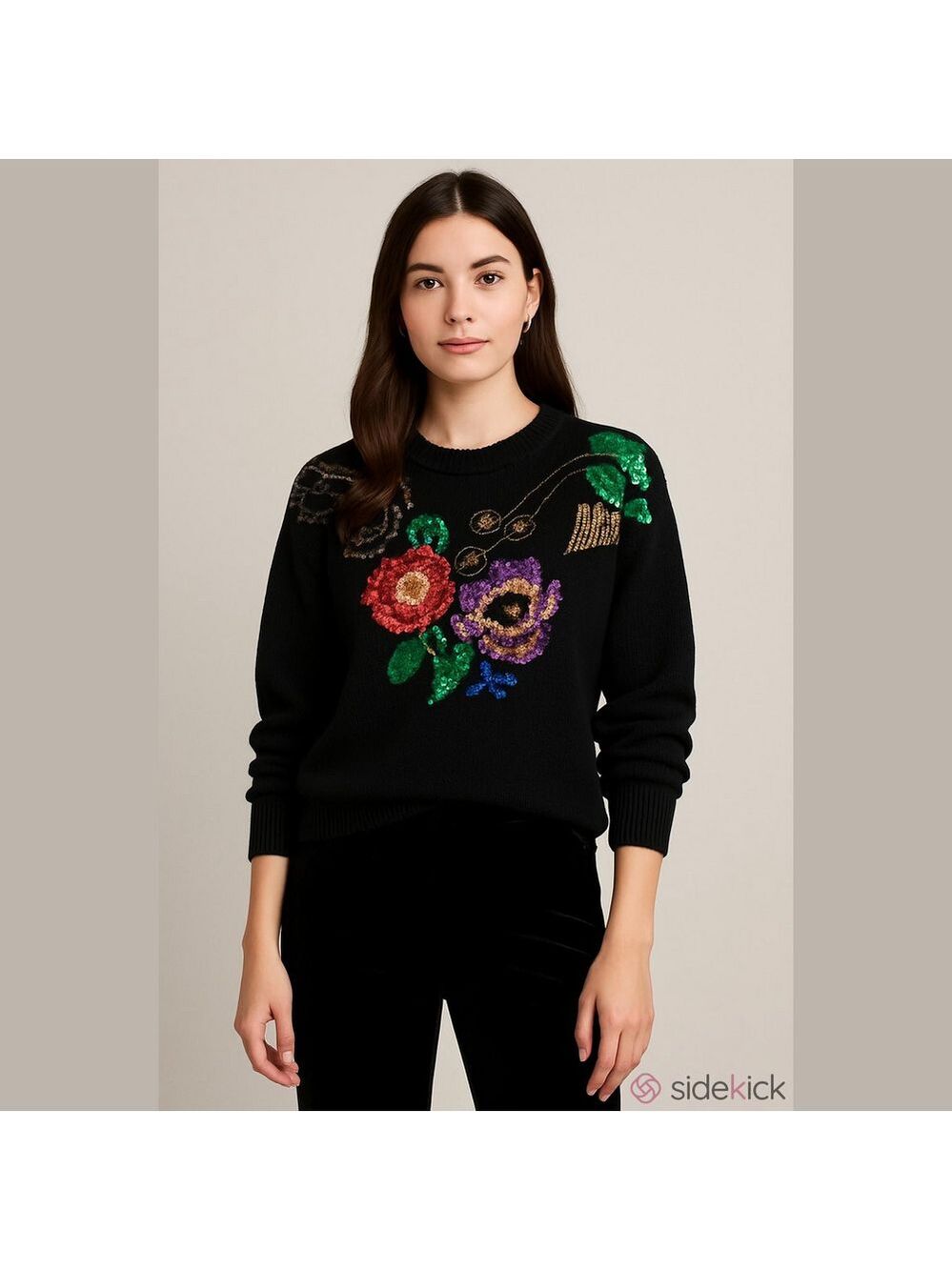 Vintage 80s Black Knit Sweater Floral Sequins Dolman Sleeve Ramie JJ. Fargo